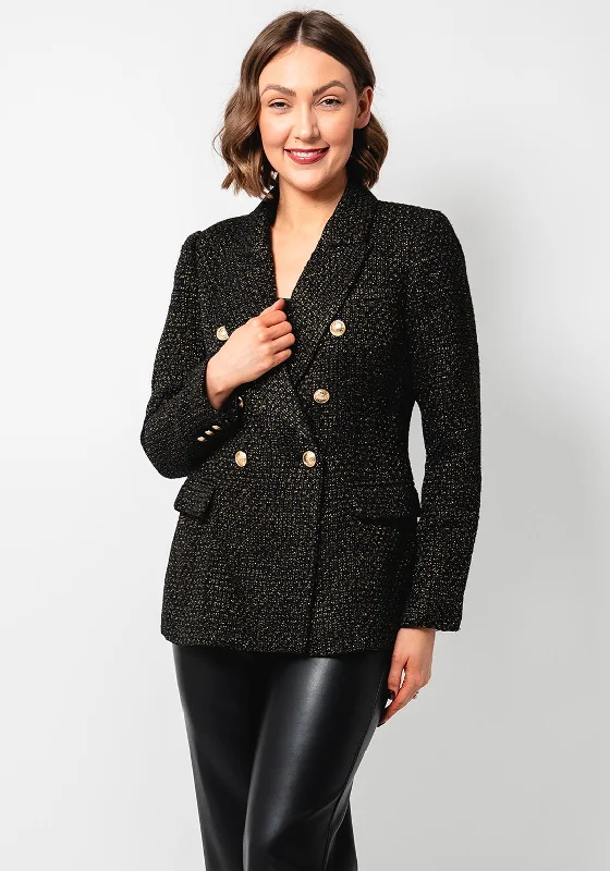 Esqualo Boucle Knit Crested Button Blazer, Black Women's fitted jackets