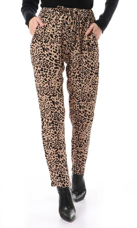 57998 Leopard Elastic Waist Casual Pants - Dark Beige & Camel