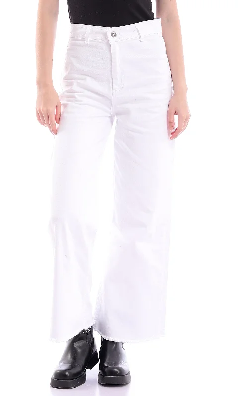 95970 Wide Leg Plain Cotton Denim White Pants - White