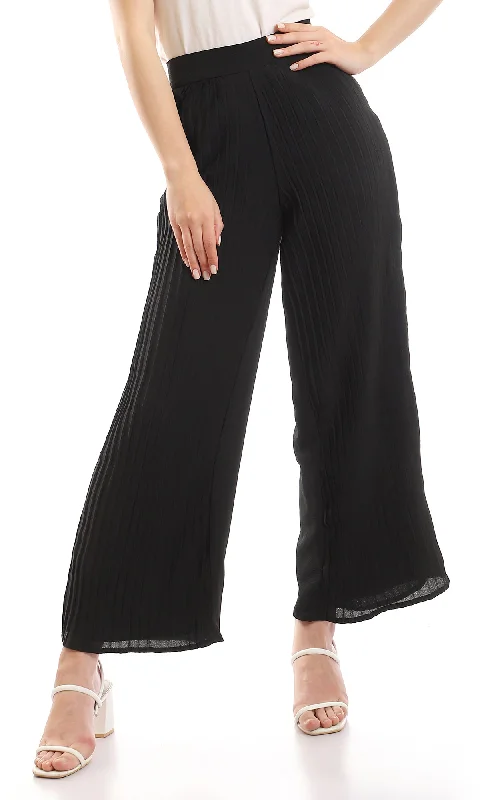 96781 Elastic Waist Ankle Length Plisse Wide Pants - Black