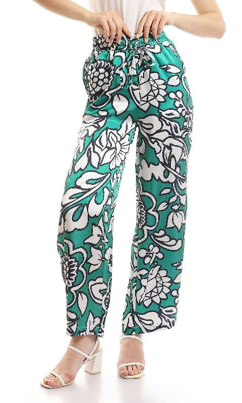 97083 Floral Silk Elastic Waist Pants - Green, White & Black