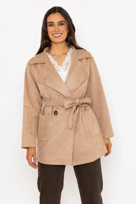 Beige Suede Belted Mac Jacket Women's gym jackets