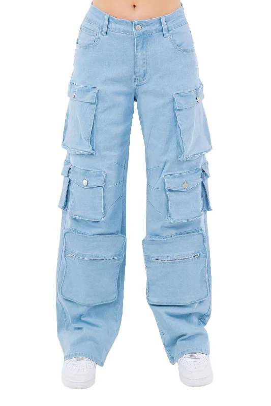 Women's High Rise Multi Cargo Pocket Loose Fit Denim Jeans