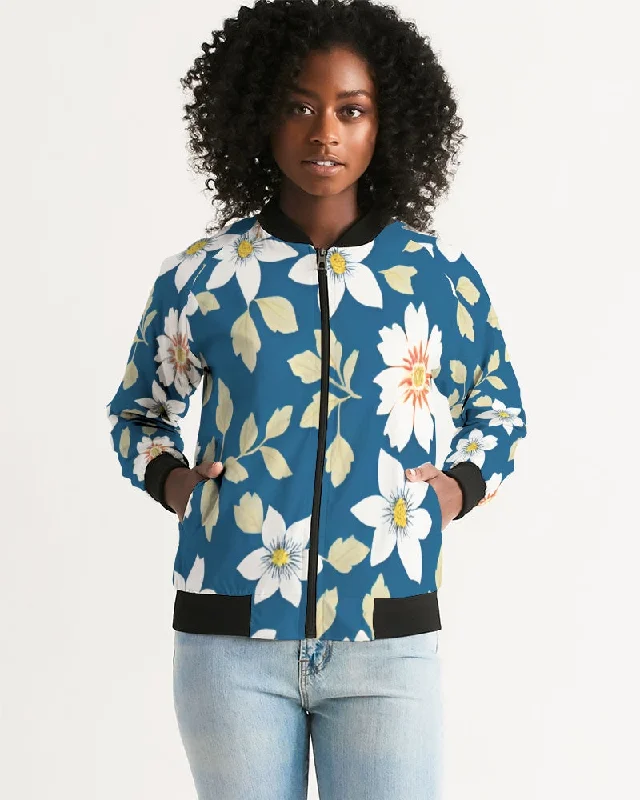 Dark blue background and white flower pattern Women's All-Over Print Bomber Jacket Women's Levi’s jackets