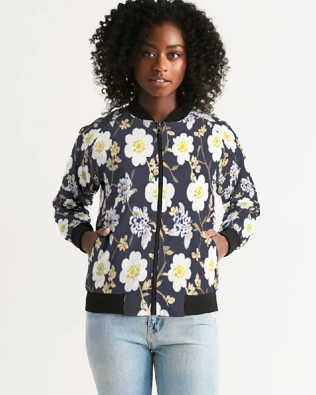 Pink flower black background Women's All-Over Print Bomber Jacket Women's hooded jackets