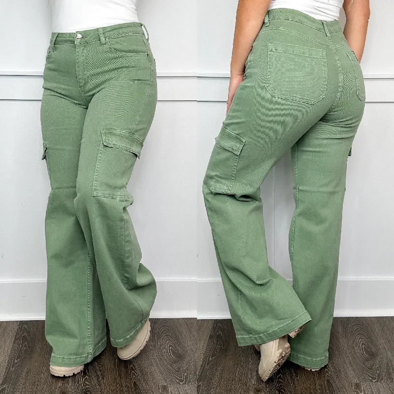 Risen Beverly High Rise Wide Leg Cargo Sage Jeans