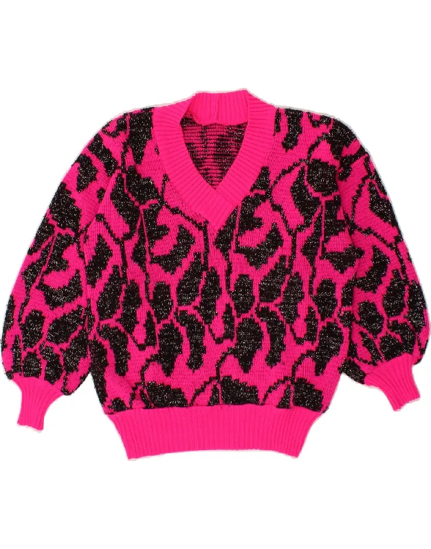 VINTAGE Womens Abstract Pattern V-Neck Jumper Sweater UK 14 Large Pink Chunky knit sweaters