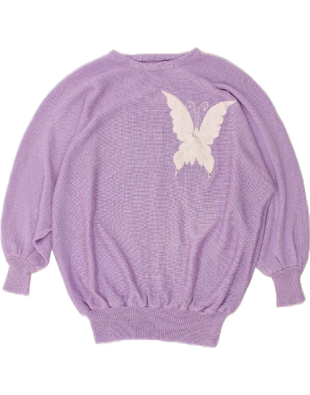 VINTAGE Womens Boat Neck Jumper Sweater UK 14 Large Purple Butterfly Casual sweaters