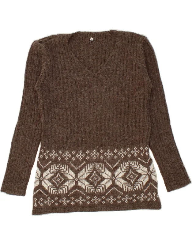 VINTAGE Womens V-Neck Jumper Sweater UK 14 Large Brown Fair Isle Work sweaters