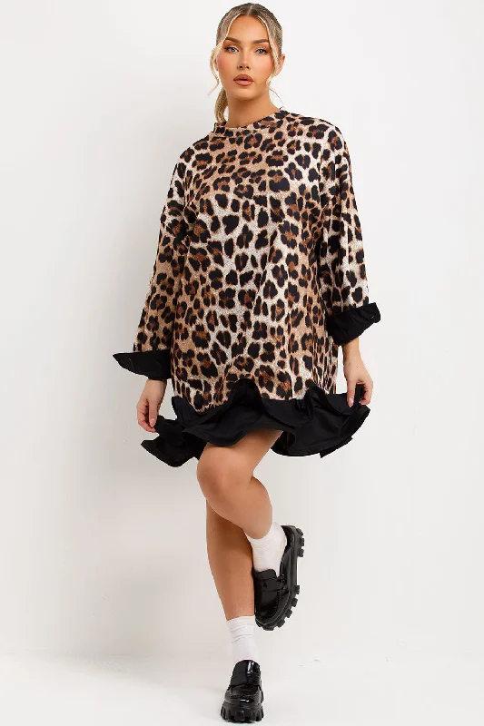 Black Frill Hem Leopard Print Sweatshirt Dress Birthday mini dresses