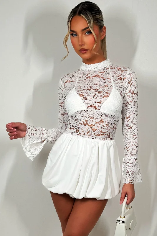 White Lace Puffball Dress With Long Sleeves Winter mini dresses