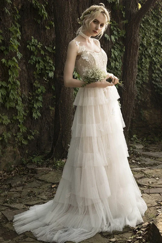 A-Line Sweep-Brush Train Lace Tulle Wedding Dress CW3021 Lace Wedding Gown