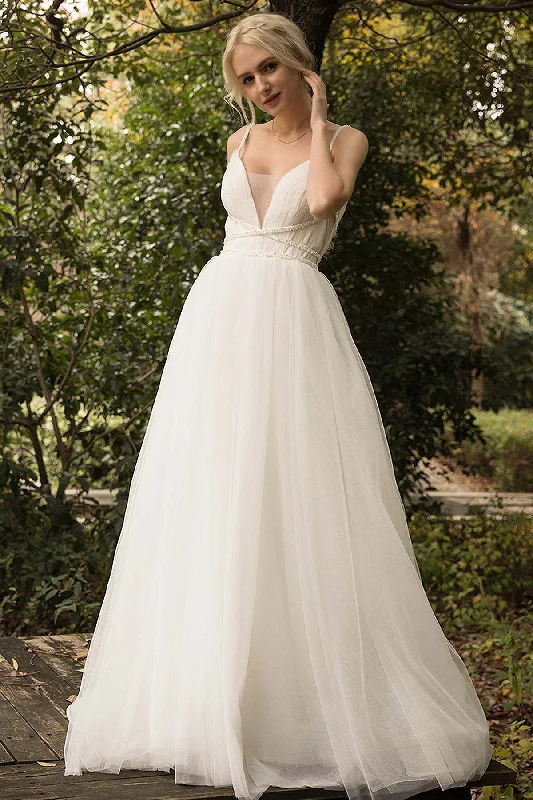 A-Line Sweep-Brush Train Tulle Wedding Dress CW3024 Boho Wedding Gown