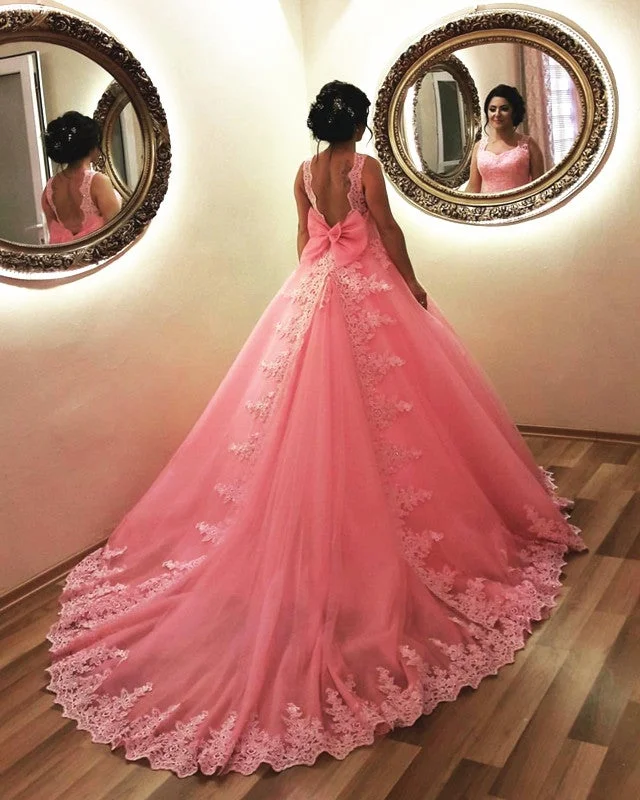 Blush Pink Wedding Dresses Tulle Ball Gown With Bow Floral Lace Wedding