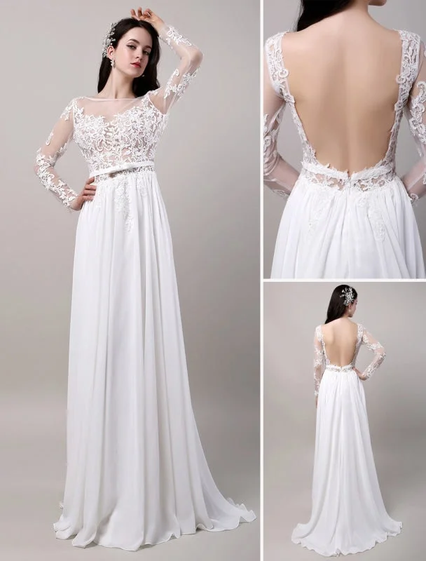 Boho Beach Sheer Lace Chiffon Tulle Long Sleeves Deep V Back Backless Bridal Gown Modern Wedding Gown