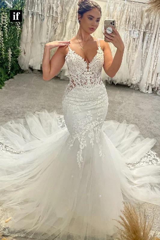 31564 - Classic Spaghetti Straps V-Neck Mermaid Appliques Wedding Dress Short Wedding Gown