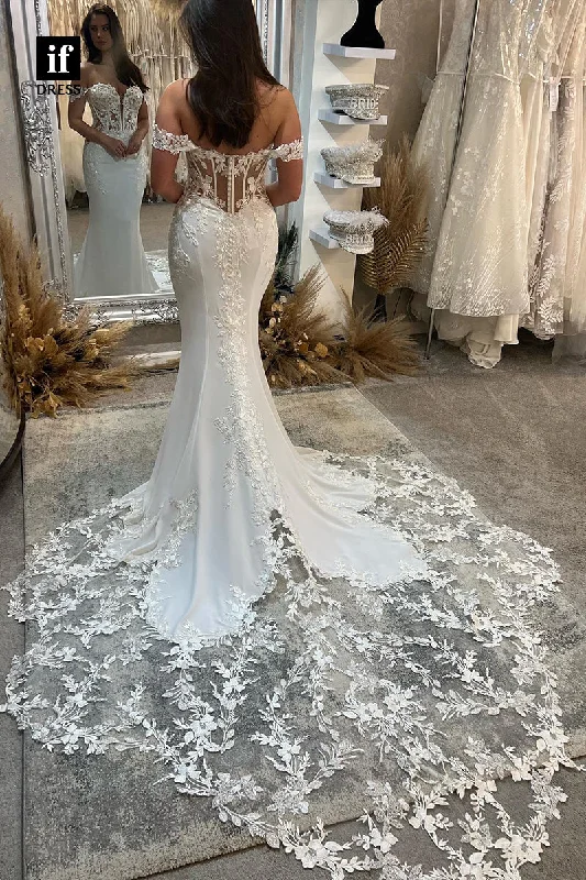 31565 - Charming Off-Shoulder Sweetheart  Appliques Mermaid Wedding Dress Luxury Wedding Dress