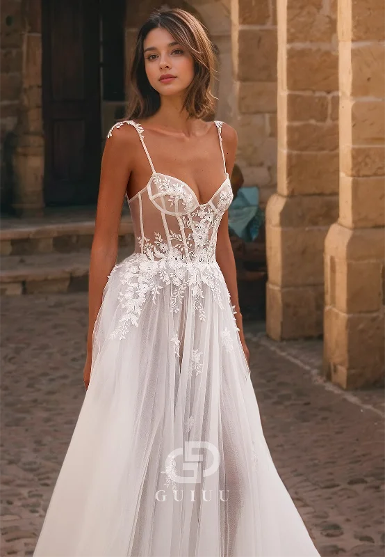 GW843 -  A-Line Straplesss Straps Appliques Lace Beach Boho Wedding Dress with Train Timeless Wedding Dress