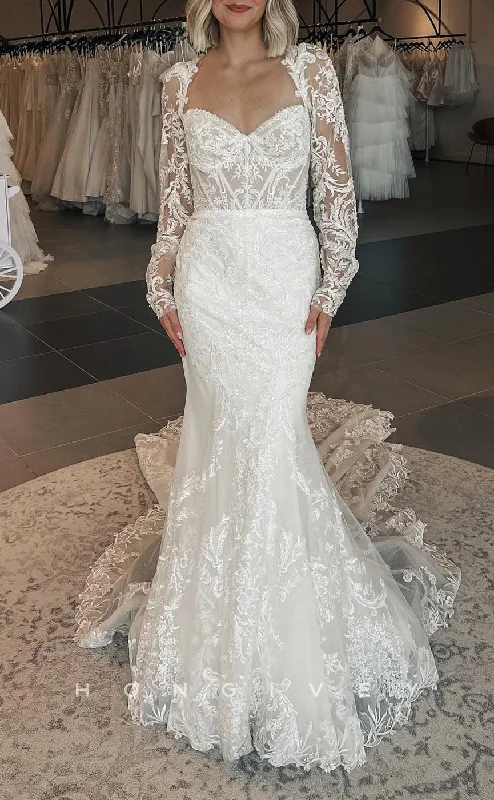 H1629 - Classic Trumpet Sweetheart Long Sleeve Illusion Empire Lace Applique With Train Wedding Dress Romantic Satin Dress