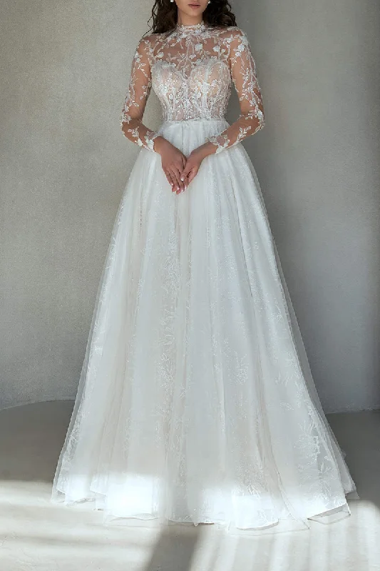 A line Illusion Neckline Romantic Lace Princess Wedding Dress Rustic Bridal Gown QW2262 Sleek Wedding Dress