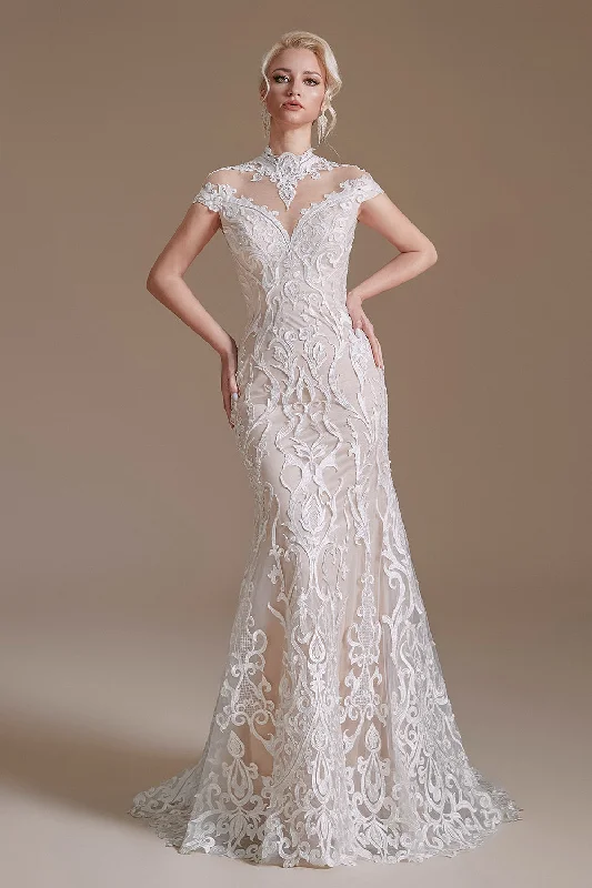 Elegant Cap Sleeves Lace Mermaid Long Beach Wedding Dress Empire Waist Dress