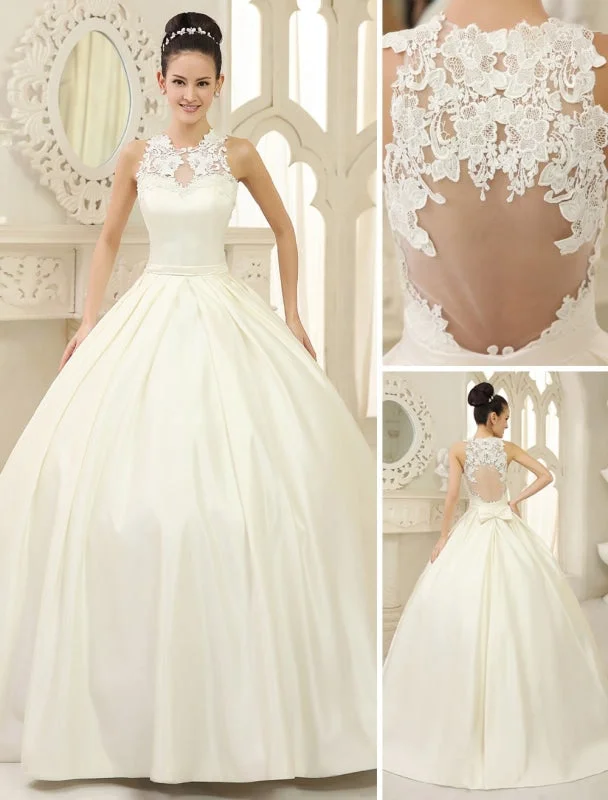 Ivory Ball Gown Jewel Neck Bow Floor-Length Satin Bridal Wedding Gown Exclusive Off-shoulder Bridal Dress