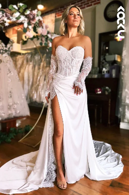 K1959 - Glamorous & Dramatic Sweetheat Half Sleeves Side Slit Lace Applique Wedding Dress Beaded Lace Wedding