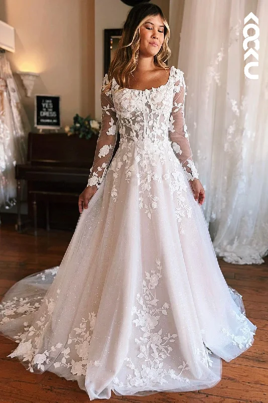 K1960 - Classic & Timeless Scoop Long Sleeves A-line Allover Appilique Wedding Dress Empire Waist Gown