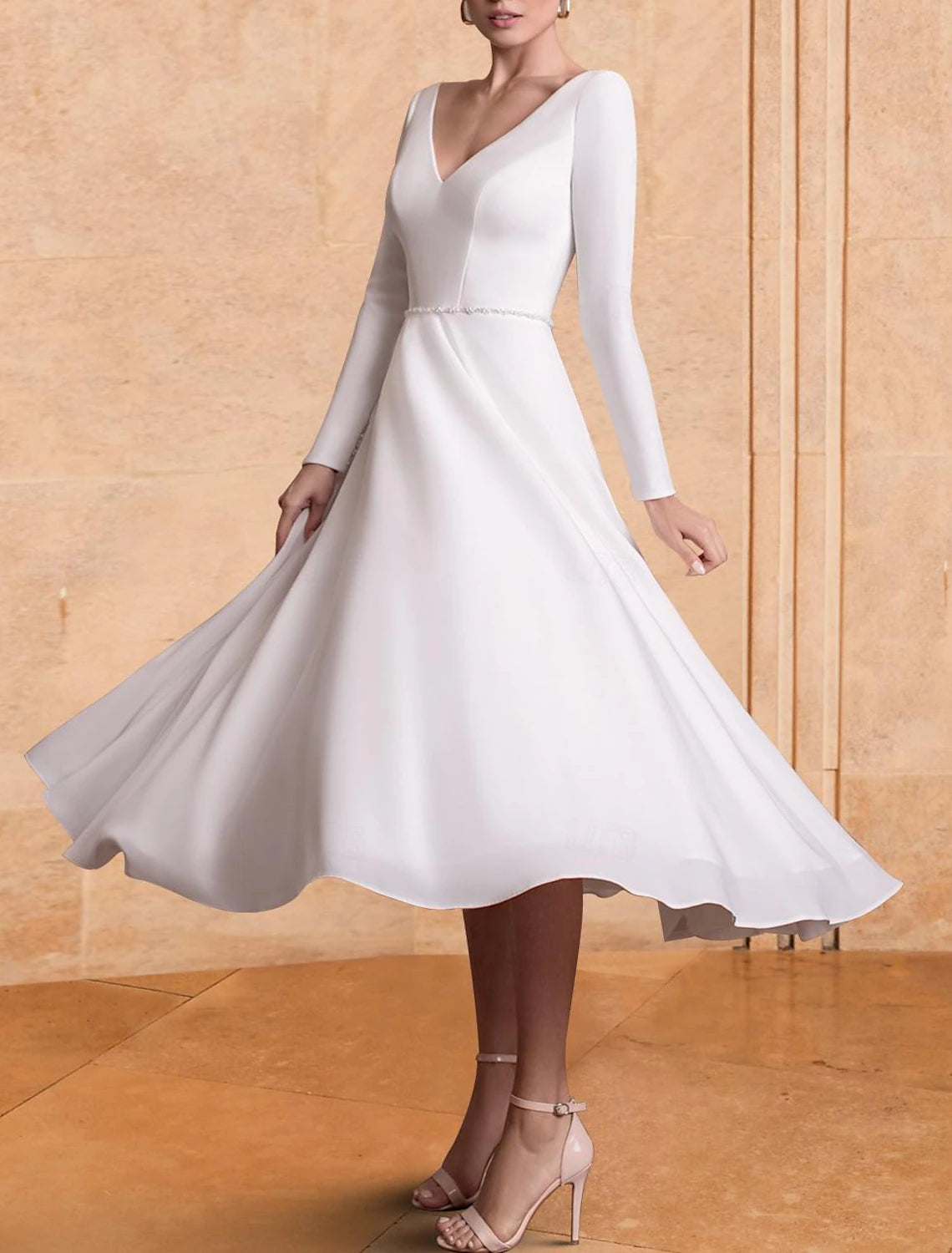 Little White Dresses Wedding Dresses A-Line V Neck Long Sleeve Tea Length Chiffon Bridal Gowns With Pleats Solid Color Floral Wedding Gown