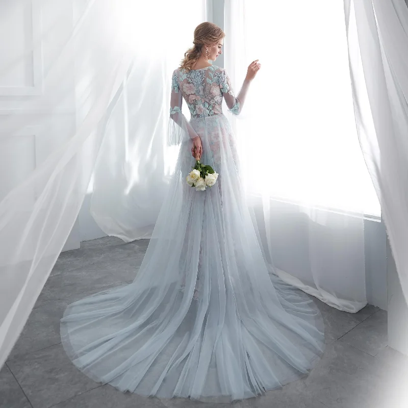 Long Sleeves Hand-Made Flower Ruffles A-line Train Chiffon Wedding Dresses Modern Lace Gown