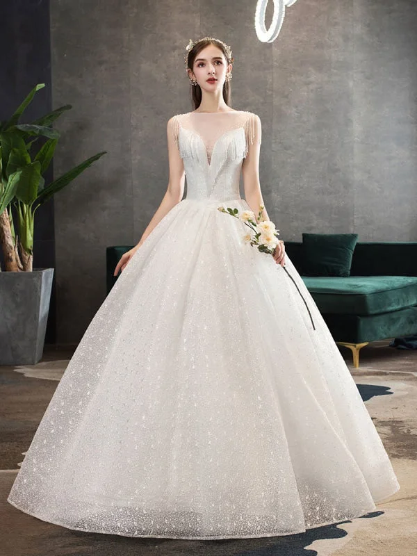 Princess Wedding Dresses Ivory Illusion Neck Beaded Sleeveless Floor Length Bridal Gown Off-shoulder Wedding Gown