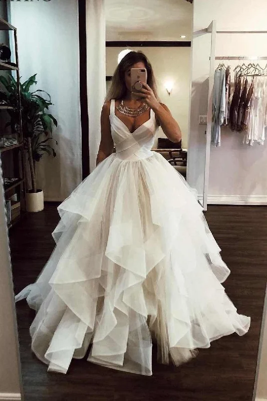 Puffy Straps Long Beach Wedding Dress Unique Cascading Ruffles Bridal Dress N1759 Satin Wedding Dress