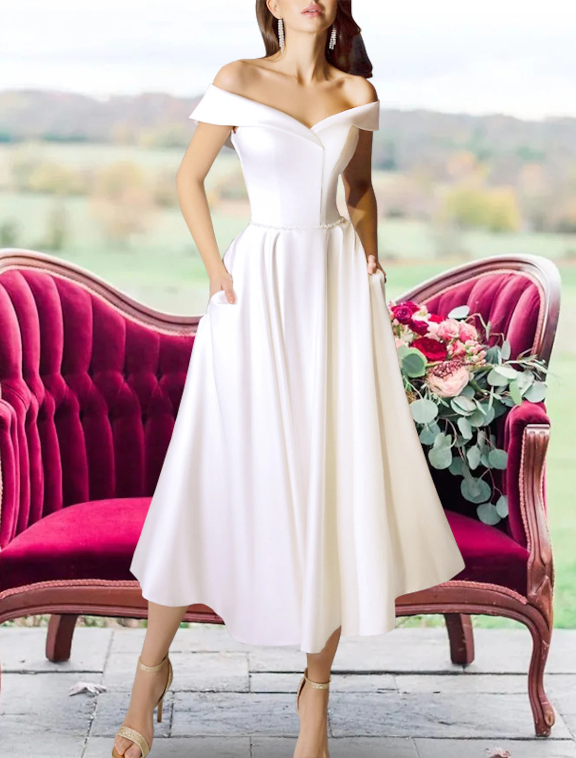 Reception Little White Dresses Wedding Dresses A-Line Off Shoulder Cap Sleeve Tea Length Satin Bridal Gowns With Sashes / Ribbons Crystal Wedding Dress