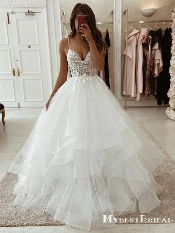 V-neck Off-White Organza Lace Applique A-line Long Cheap Wedding Dresses, WDS0026 Wedding Dress Long