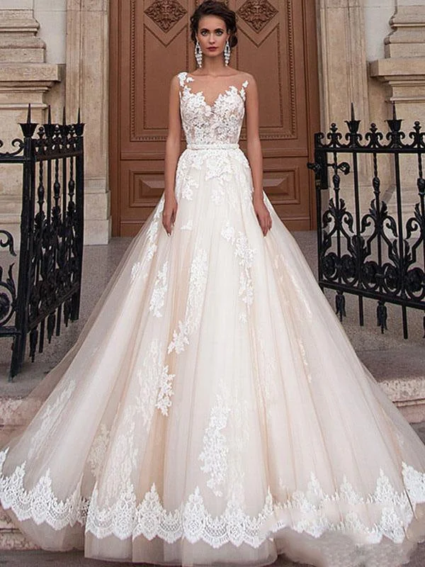 Wedding Dresses 2021 Jewel Illusion Neck Sleeveless A Line Lace Flora Applique Bridal Gowns With Train Sparkling Bridal Gown