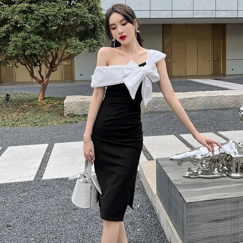 مجموعة اروين التجارية arwen&ajh group  Female Light Mature Style Dress Spring 2024 New Retro slanted shoulder Puff Sleeve Bow Contrast Dress Princess Wedding Dress