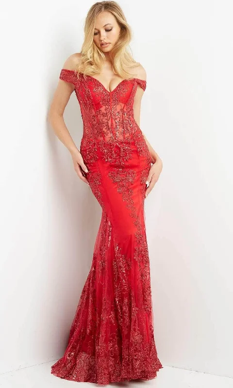 Jovani - Sheer Off Shoulder Evening Gown 06369SC - 1 pc Red In Size 12 Available Cheap party dresses