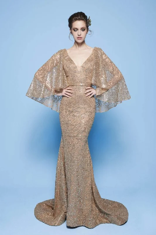 MNM Couture - N0245 Sequin Embellished Mermaid Gown with Cape Sleeves Must-have party dresses for this season