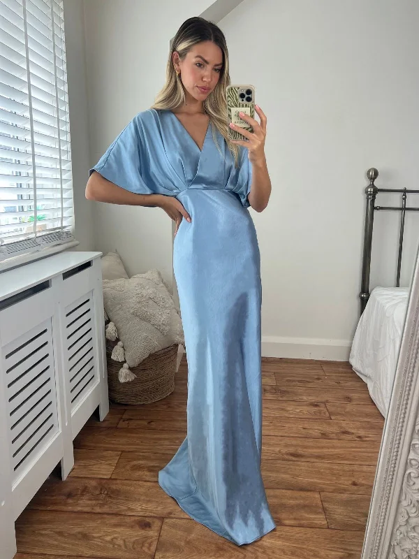 Angel Sleeve Maxi Satin Dress / Slate Blue Boohoo maxi dresses