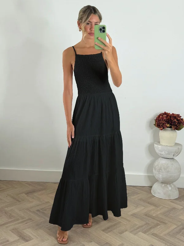 Melissa Shirred Maxi Dress in Black Best maxi dresses for hourglass body shape