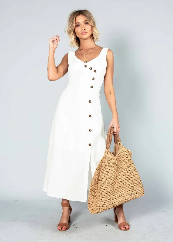 Amberle Linen-Blend Midi Dress - White Ruffled midi dresses