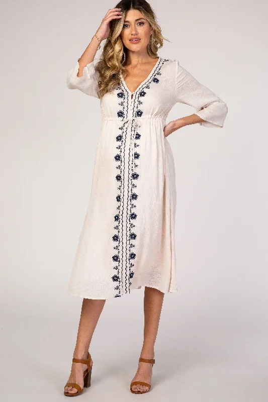 Beige Floral Embroidered 3/4 Sleeve Maternity Midi Dress Cotton midi dresses