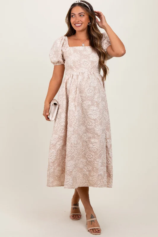 Beige Floral Jacquard Knit Puff Sleeves Maternity Midi Dress Leather midi dresses