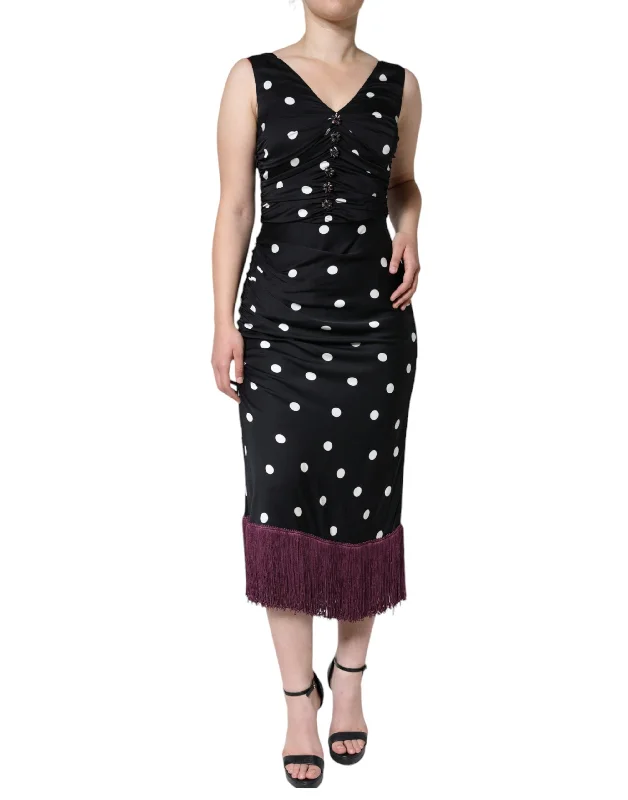 Black Silk Polka Dot Vneck Tassel Midi Dress Zara midi dresses