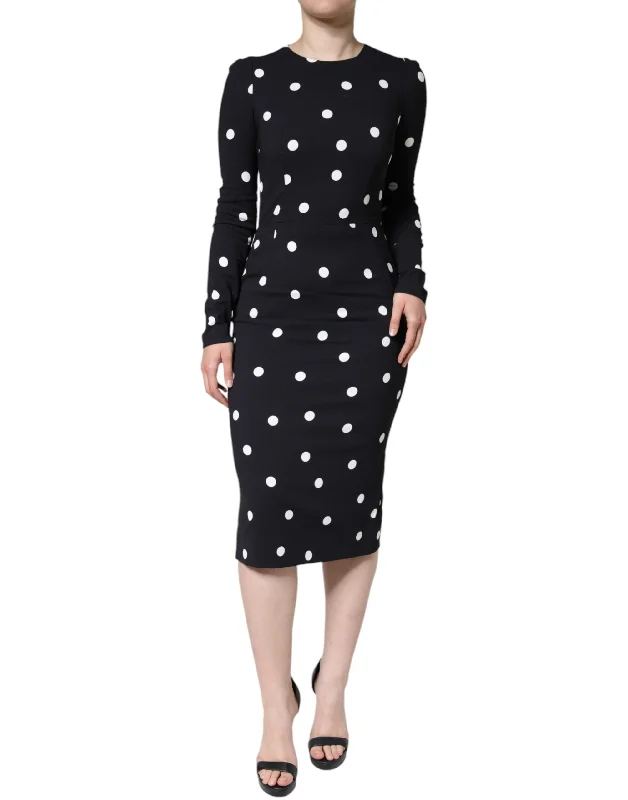 Black Viscose Polka Dots Sheath Midi Dress Glamorous midi dresses