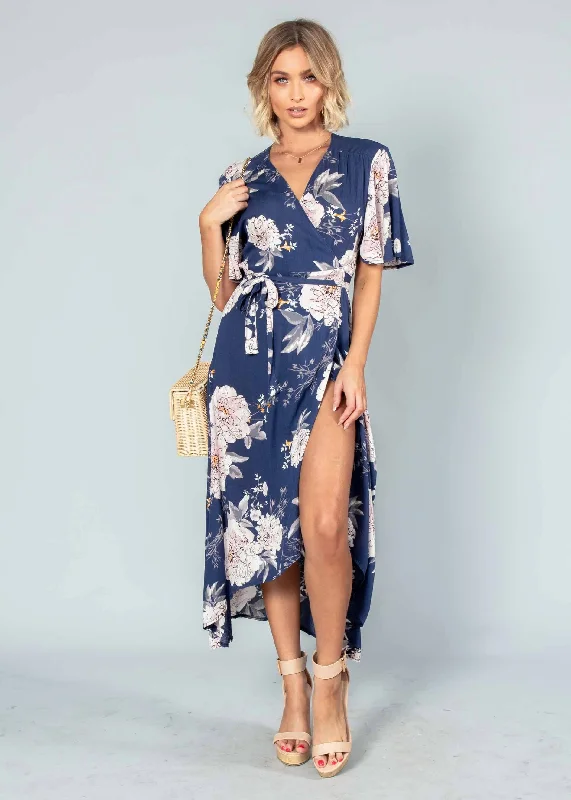 Born This Way Midi Wrap Dress - Navy Floral Smocked midi dresses