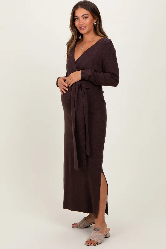 Brown Wrap Side Slit Midi Sweater Maternity Dress Denim midi dresses