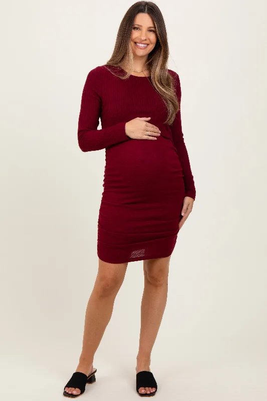 Burgundy Layered Top Ruched Maternity/Nursing Midi Dress Satin midi dresses