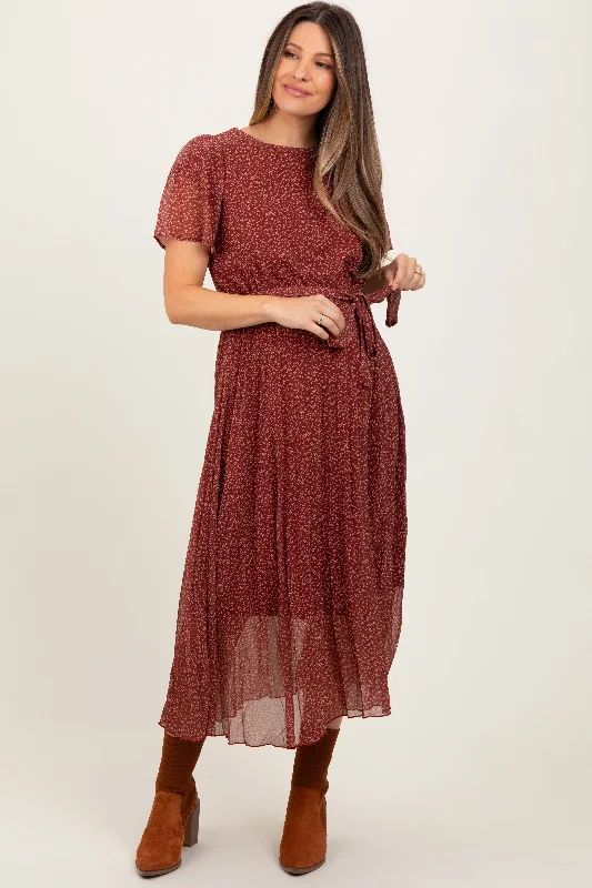 Burgundy Leaf Print Pleated Maternity Midi Dress Sequin midi dresses