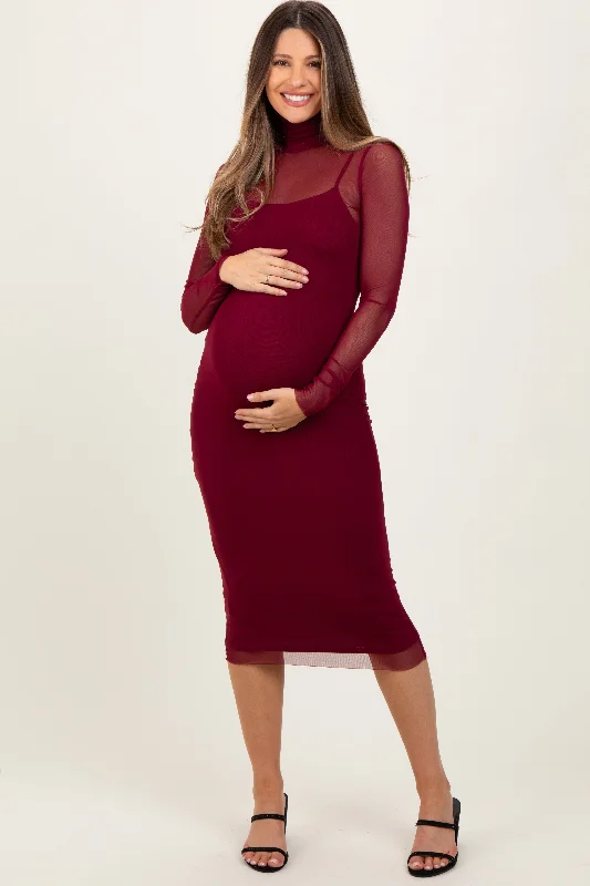 Burgundy Mesh Overlay Fitted Maternity Midi Dress Wedding guest midi dresses